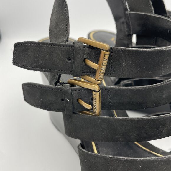Lauren Ralph Lauren Sandals Linda Black Leather Wedge Thong Dressy Summer 10B - Picture 2 of 9